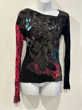Desigual Vintage Y2K Beaded Dream Graphic Mixed Media Long Sleeve Top Small